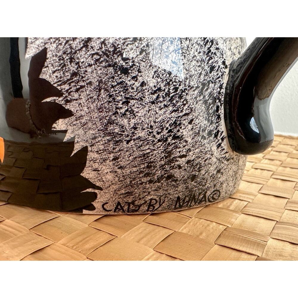Cats by Nina Lyman black cat coffee teapot 9 in Amber eyes B&W‎ design Complete - Picture 5 of 16